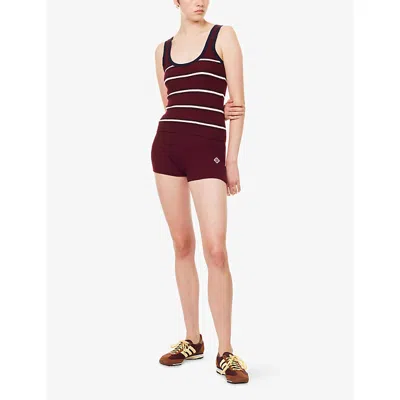 The Couture Club Womens Emblem-embroidered Ribbed-knit Cotton Mini Shorts Burgundy In Brown