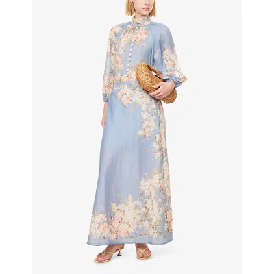 Zimmermann Womens Cascadian Bias Floral Linen Midi Skirt Teal Blue Botanical In Blue