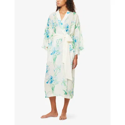 Olivia Von Halle Amaya Samphire Ivory Floral Robe In Silk-chiffon In White
