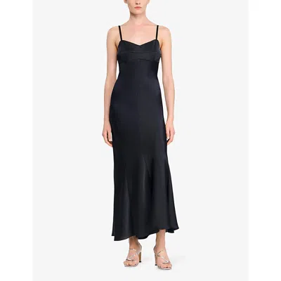 Sandro Womens V-neck Sleeveless Satin-effect Midi Dress Navy Blue In Blue