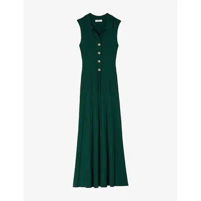Sandro Womens Polo-collar Button-down Stretch-knit Midi Dress Dark Green In Green