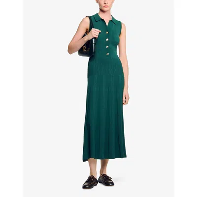 Sandro Womens Polo-collar Button-down Stretch-knit Midi Dress Dark Green In Green