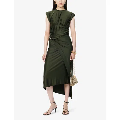 Rabanne Womens Draped Cap-sleeves Stretch-woven Midi Dress New Kaki In Green