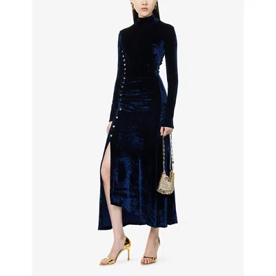 Rabanne Womens Velvet High-neck Stretch-woven Midi Dress Navy Poseidon