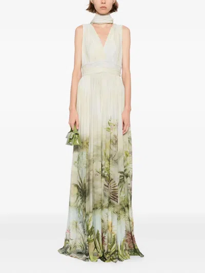 Elie Saab Printed Chiffon Long Dress In Neutral