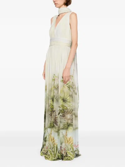 Elie Saab Printed Chiffon Long Dress In Neutral