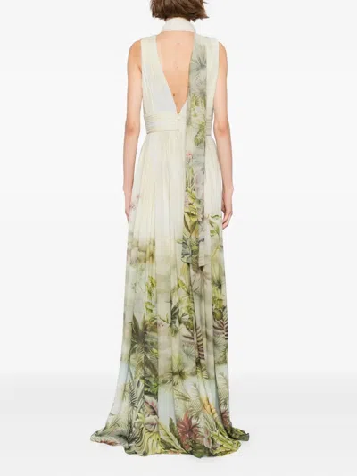 Elie Saab Printed Chiffon Long Dress In Neutral