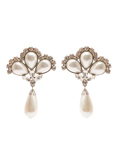 Alessandra Rich Silver-colored Clip-on Crystal Earrings With Pendant Pearl In Hypoallergenic Brass Woman