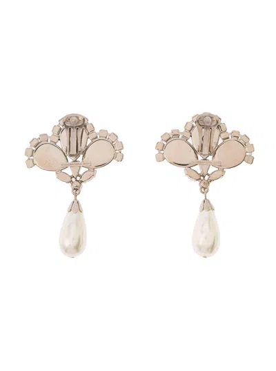 Alessandra Rich Silver-colored Clip-on Crystal Earrings With Pendant Pearl In Hypoallergenic Brass Woman
