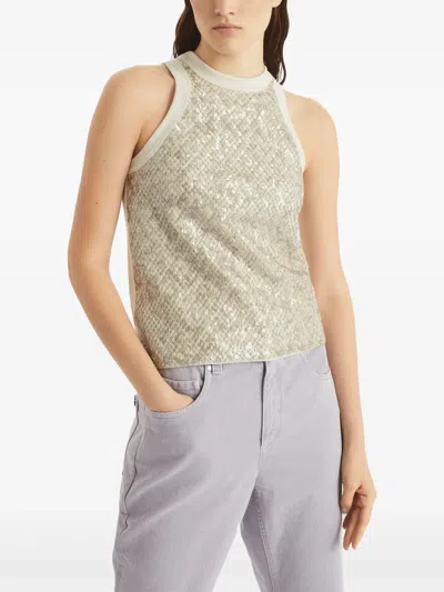 Brunello Cucinelli Stretch Cotton Jersey Top With Dazzling Net Embroidery In Neutral