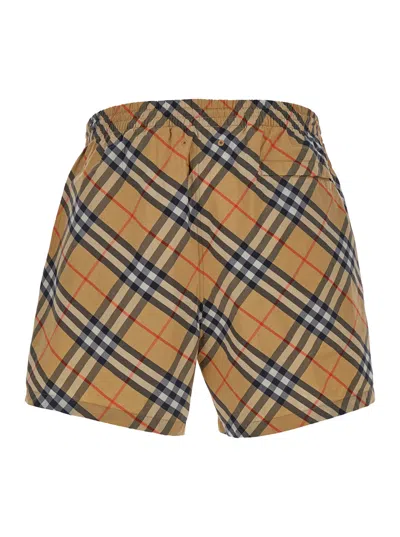 Burberry Beige Swim Trunks With Check Motif In Polyamide Man