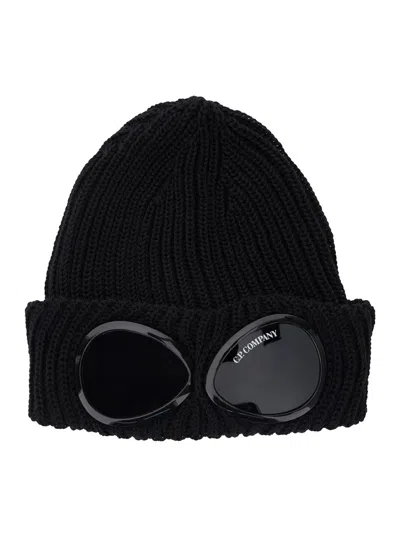C.p. Company Black Knit Beanie With Googles Detail On The Front In Black