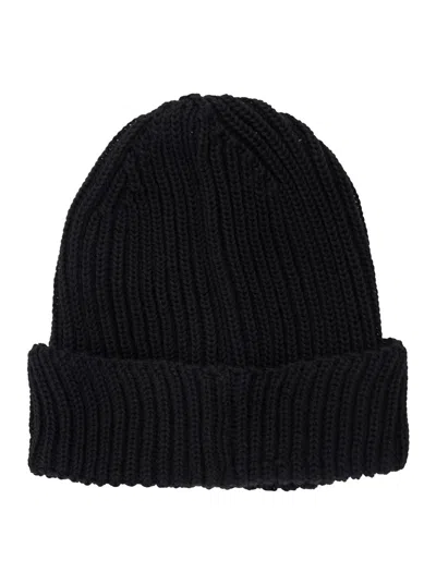 C.p. Company Black Knit Beanie With Googles Detail On The Front In Black