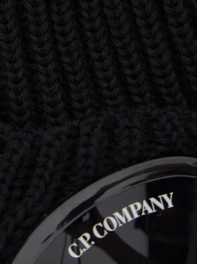 C.p. Company Black Knit Beanie With Googles Detail On The Front In Black