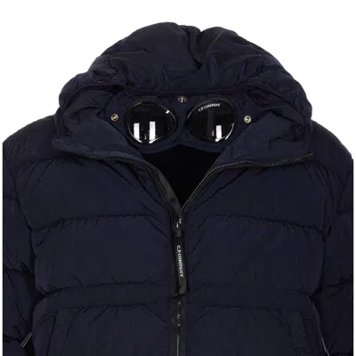 C.p. Company Blue Down Jacket With Fixed Hood And Logo Plaque On The Sleeve In Tech Fabric Man In Blue