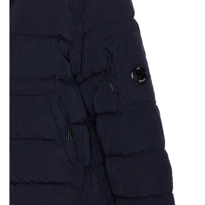 C.p. Company Blue Down Jacket With Fixed Hood And Logo Plaque On The Sleeve In Tech Fabric Man In Blue