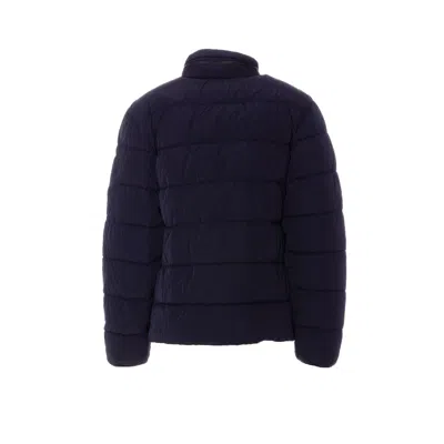 C.p. Company Blue Down Jacket With Fixed Hood And Logo Plaque On The Sleeve In Tech Fabric Man In Blue