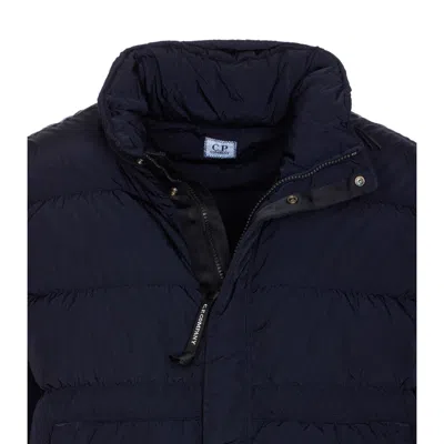 C.p. Company Blue Down Jacket With Fixed Hood And Logo Plaque On The Sleeve In Tech Fabric Man In Blue