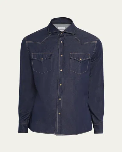 Brunello Cucinelli Western Cotton Denim Shirt In Blue