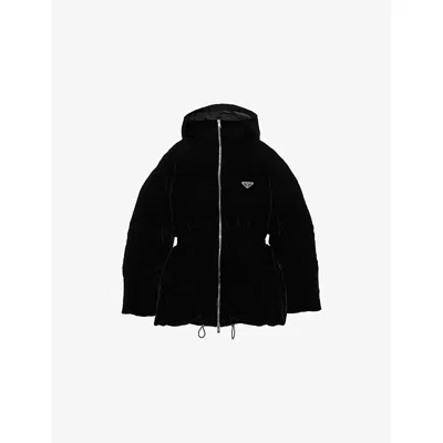 Prada Womens Black Logo-badge Padded Velvet Down Jacket In Black