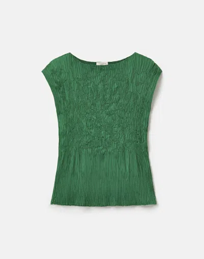 Lafayette 148 Satin Plisse Smocked Sleeveless Blouse In Green