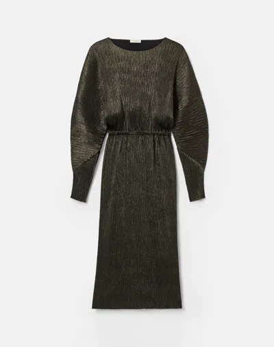 Lafayette 148 Metallic Plisse Long Sleeve Blouson Midi Dress