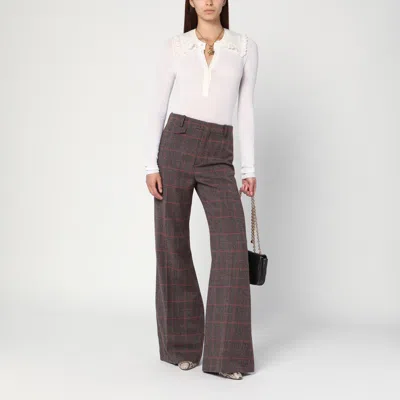 Chloé Brown Flared Checkered Wool Trousers In Brown