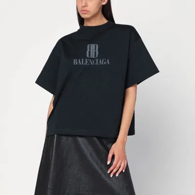 Balenciaga High-collar Black T-shirt With Logo Print In Black