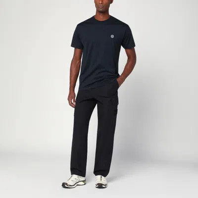 Stone Island Navy Blue Cotton T-shirt With Logo Patch In Blue