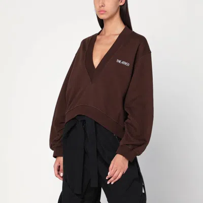 Attico Brown Cropped Sweatshirt With V Neck And Logo Lettering On The Front In Cotton Woman In Brown