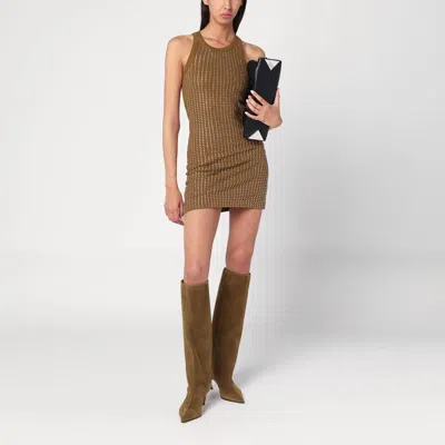 Attico Military Green Mini Dress With Rhinestones In Brown
