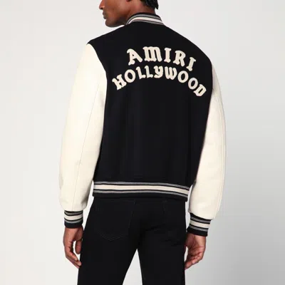 Amiri Mens Hollywood Embroidered-text Wool-leather Blend Bomber Jacket Black Xl In Black