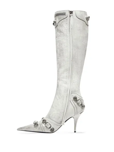 Balenciaga Cagole Leather Knee Boots With Stiletto Heel In White