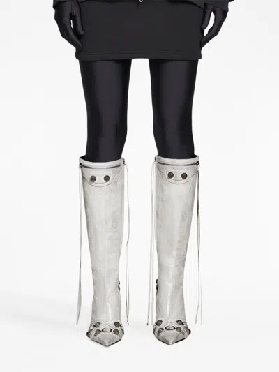 Balenciaga Cagole Leather Knee Boots With Stiletto Heel In White