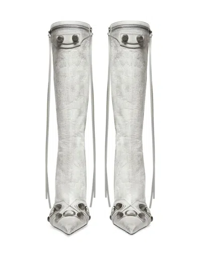 Balenciaga Cagole Leather Knee Boots With Stiletto Heel In White
