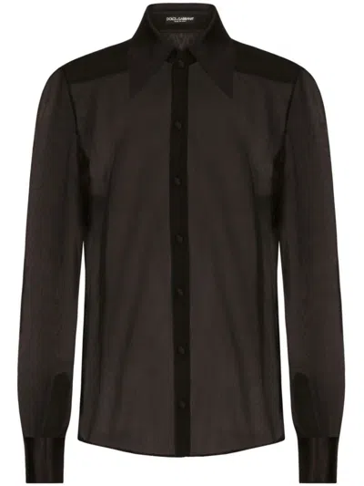 Dolce & Gabbana Silk Chiffon Shirt With Satin Details In Black