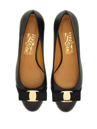 Ferragamo Nappa Leather Pumps Vara Block Heel Bow In Blue