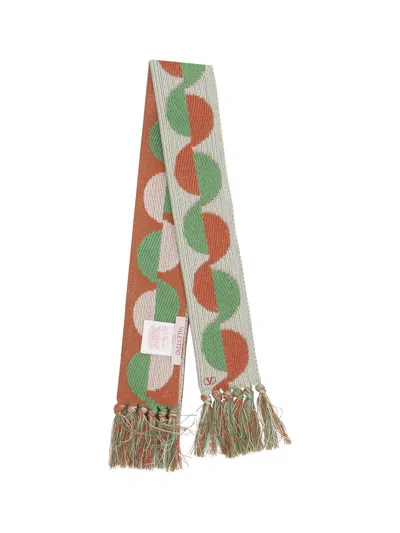Valentino Garavani Ivory Orange Green Patterned Scarf With Fringes Spring Summer Women In Neutral