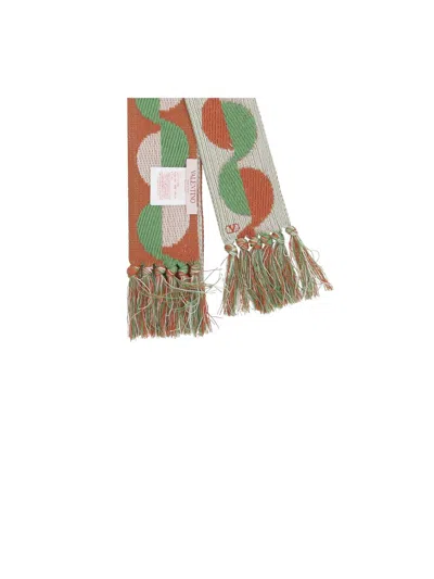 Valentino Garavani Ivory Orange Green Patterned Scarf With Fringes Spring Summer Women In Neutral