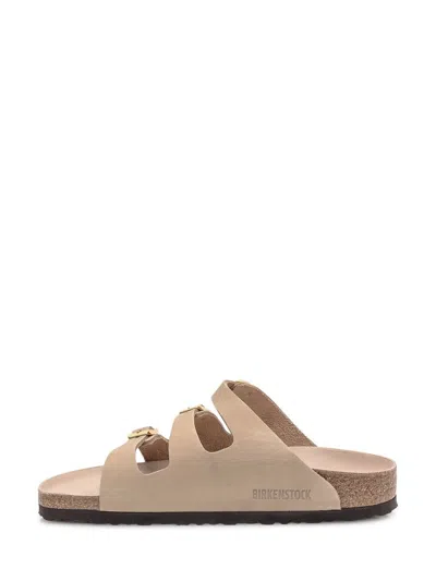 Birkenstock Beige Leather Florida Slippers In Pink