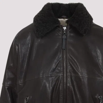 Brunello Cucinelli Shearling Collar Leather Jacket Women In Black