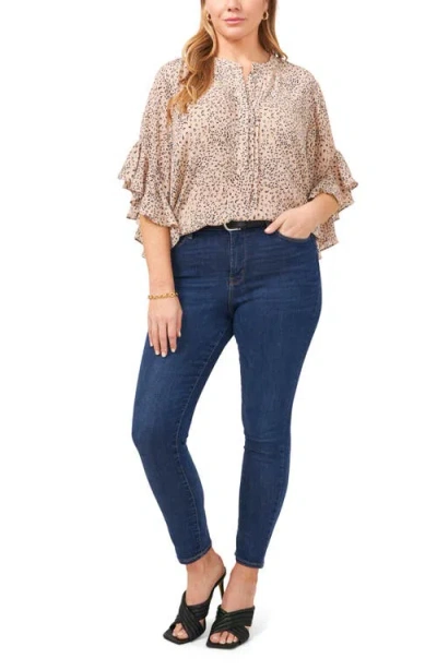 Vince Camuto Plus Size Cheetah Print Flutter-sleeve Pintucked Henley Blouse In Brown