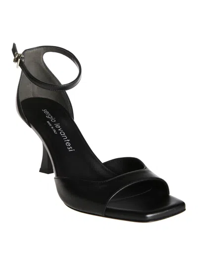 Sergio Levantesi Square-toe Black Leather Sandals With Ankle Strap In Black