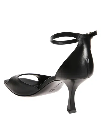 Sergio Levantesi Square-toe Black Leather Sandals With Ankle Strap In Black