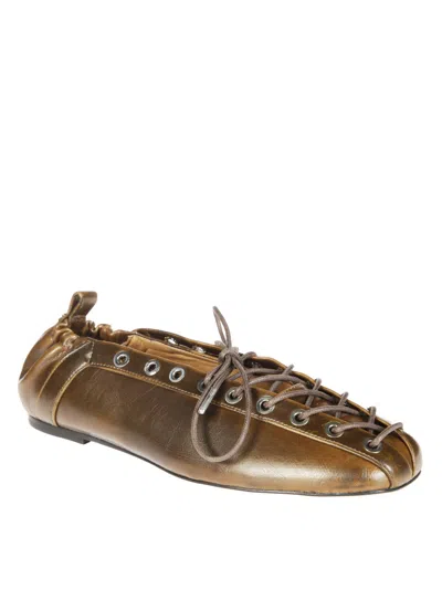 Ganni Eyelet Lace-up Ballerina Flats With Gathered Back