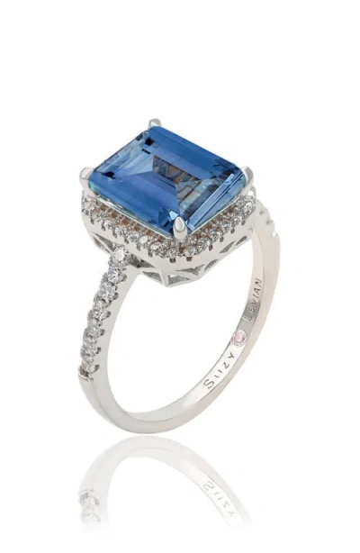 Suzy Levian Golden Sterling Silver Large Emerald-cut Green And White Cubic Zirconia Halo Ring