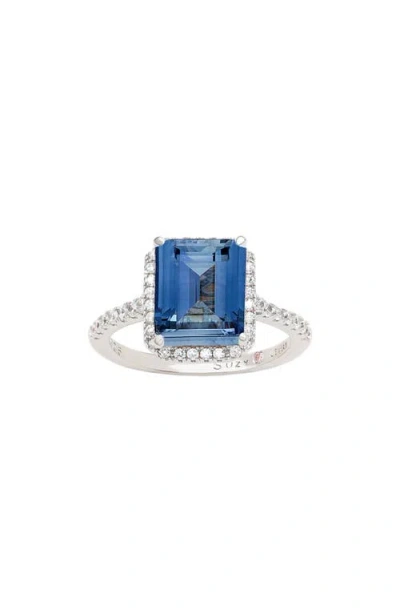 Suzy Levian Golden Sterling Silver Large Emerald-cut Green And White Cubic Zirconia Halo Ring