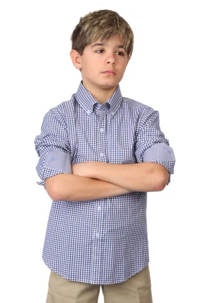 Tailorbyrd Kids' Micro Gingham Stretch Cotton Button-up Shirt In Blue