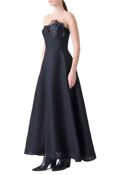 Akris Flower Corsage Strapless Organza Gown In Black