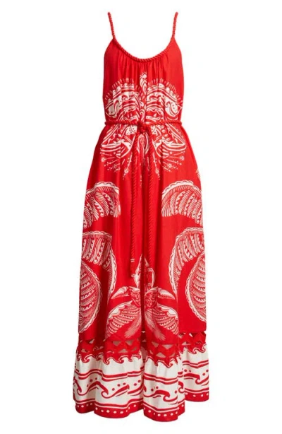 Farm Rio Majestic Coconut Tree Linen Blend Midi Dress In Red